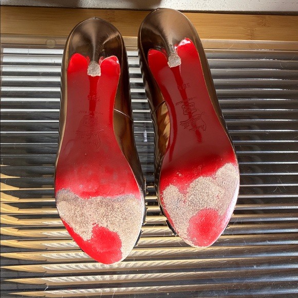 Christian Louboutin Black and Gold Studded Peep Toe Heels - Picture 5 of 6